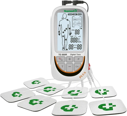 TESMED TE-880R Plus Électrostimulateur Musculaire Rechargeable, EMS, TENS, Massage - 73 programmes dont 2 personnalisables - Fonctionne avec 8 électrodes Modèle TE-880R Plus