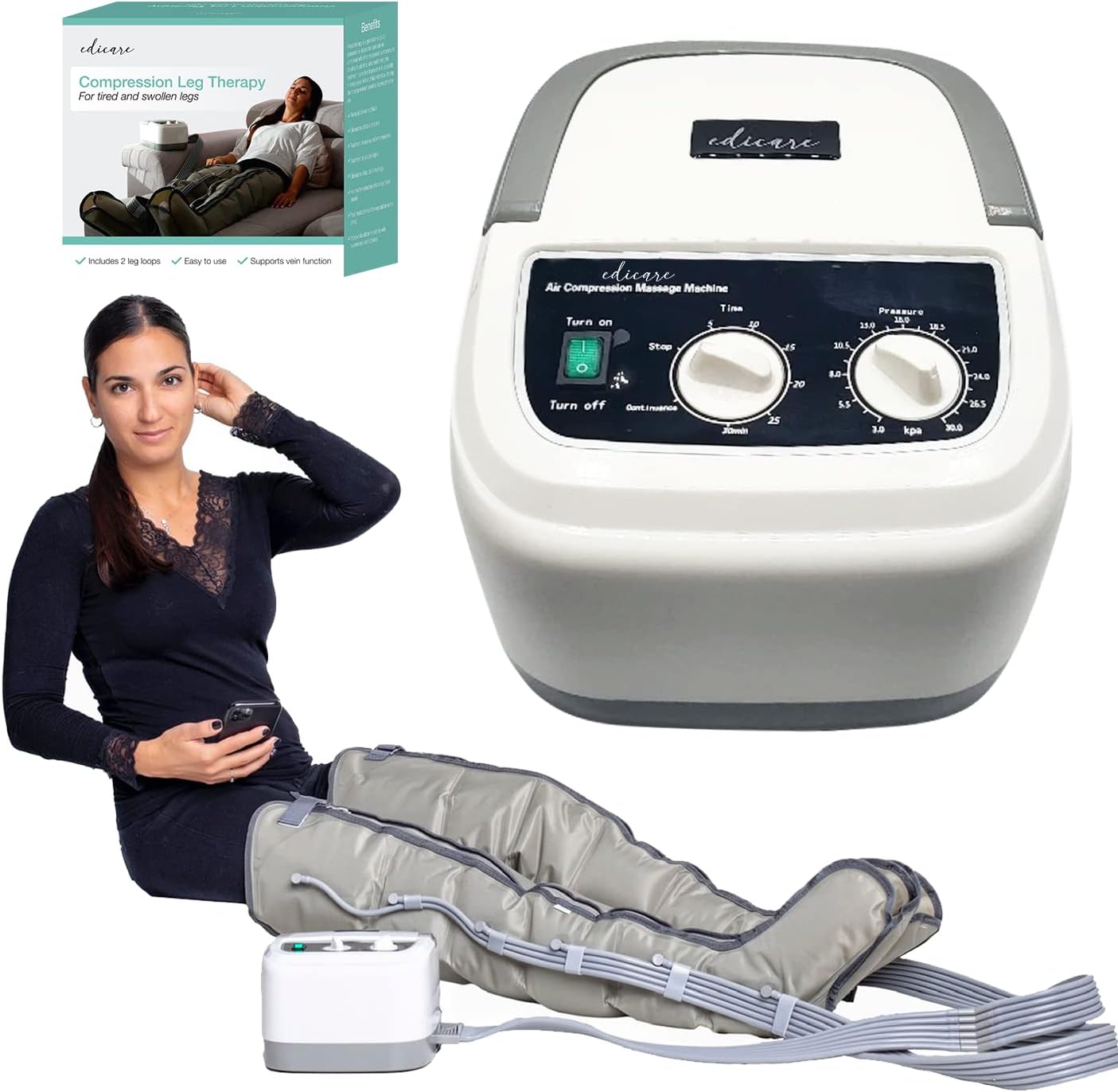 Edicare, Bottes Pressothérapie, Drainage Lymphatique, Appareil de Massage, Jambes Pieds Fatigués, Massage et Relaxation, Facile à Utiliser, Eficacité Professionnelle (Dispositif et boucles de jambe)