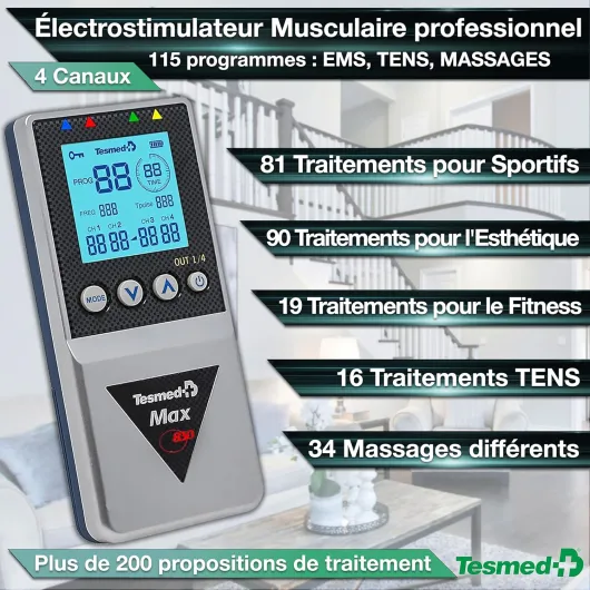 TESMED Max 830: Electrostimulateur Musculaire Professionnel Tens/EMS/Massage avec Stimulation Séquentielle, 4 Canaux, 115 Programmes Dont 20 Personnalisables, Rechargeable, Inclus 20 Électrodes