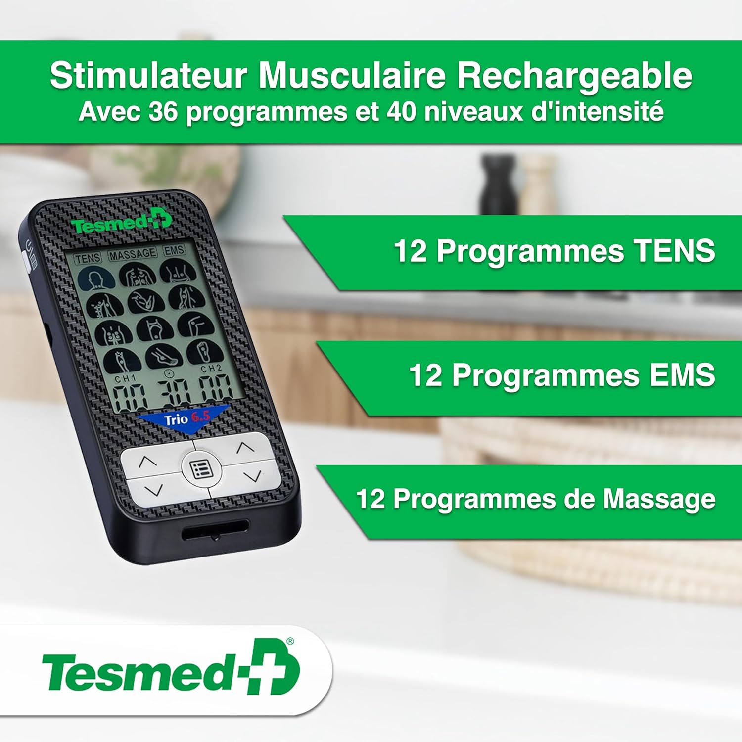 TESMED Trio 6.5: Électrostimulateur Musculaire Rechargeable par USB - 36 Programmes, 40 Niveaux d'Intensité, 4 Électrodes - EMS, TENS et Massage - Idéal pour Fitness et Thérapie de la Douleur