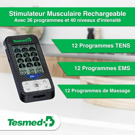TESMED Trio 6.5: Électrostimulateur Musculaire Rechargeable par USB - 36 Programmes, 40 Niveaux d'Intensité, 4 Électrodes - EMS, TENS et Massage - Idéal pour Fitness et Thérapie de la Douleur