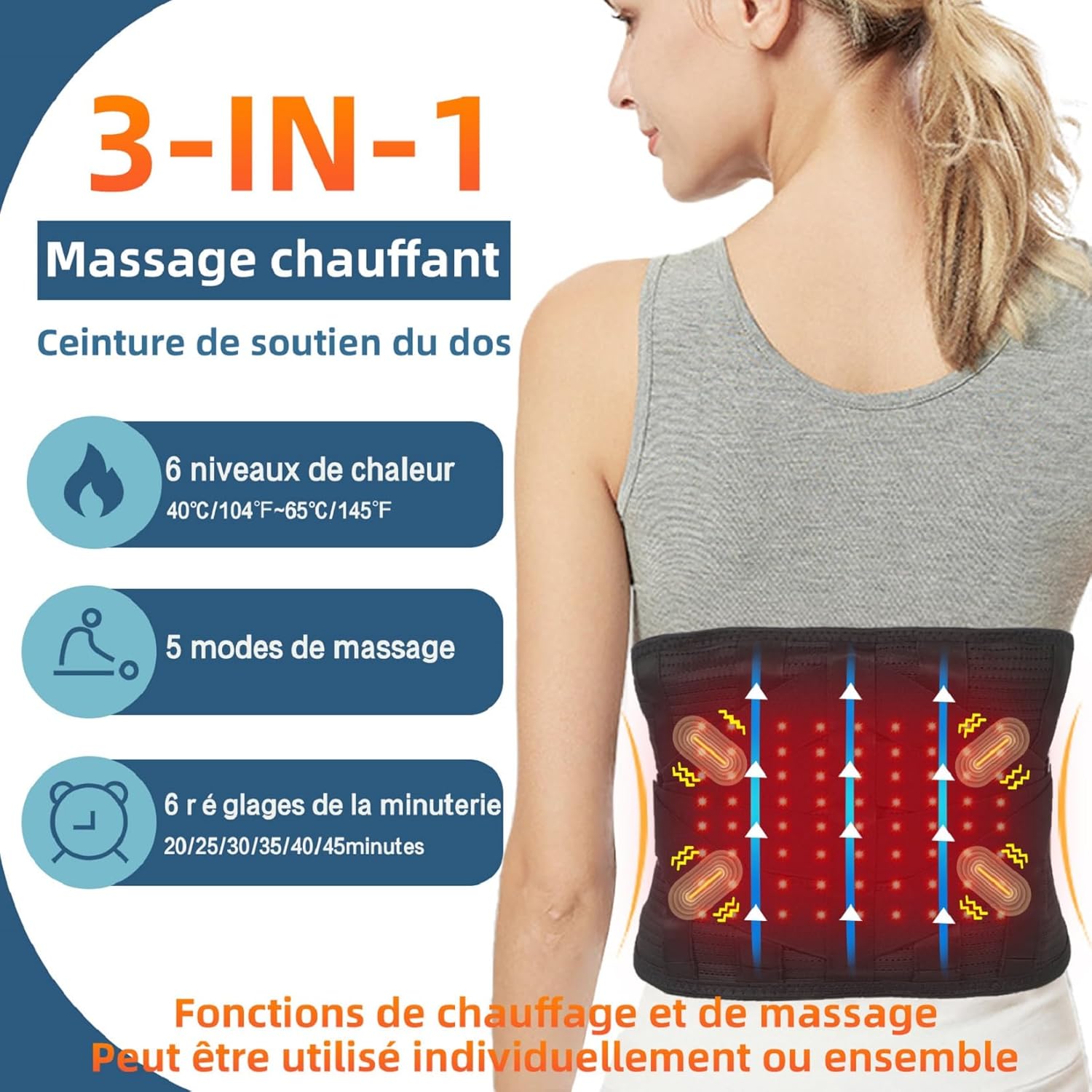 HONGJING Ceinture de Massage à Lumière Rouge pour Soulager les Douleurs Lombaires, Ceinture Lombaire Chauffante Rechargeable pour Hernie Discale, Sciatique, Scoliose (XL) Noir XL