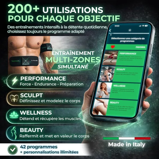 TESMED X-Pulse Électrostimulateur Musculaire Rechargeable Sans Fil EMS avec Application – 2 Dispositifs Inclus, Programmes Personnalisables Illimités, Multi-Zone, 130 Niveaux d’Intensité, Le Plus Puis