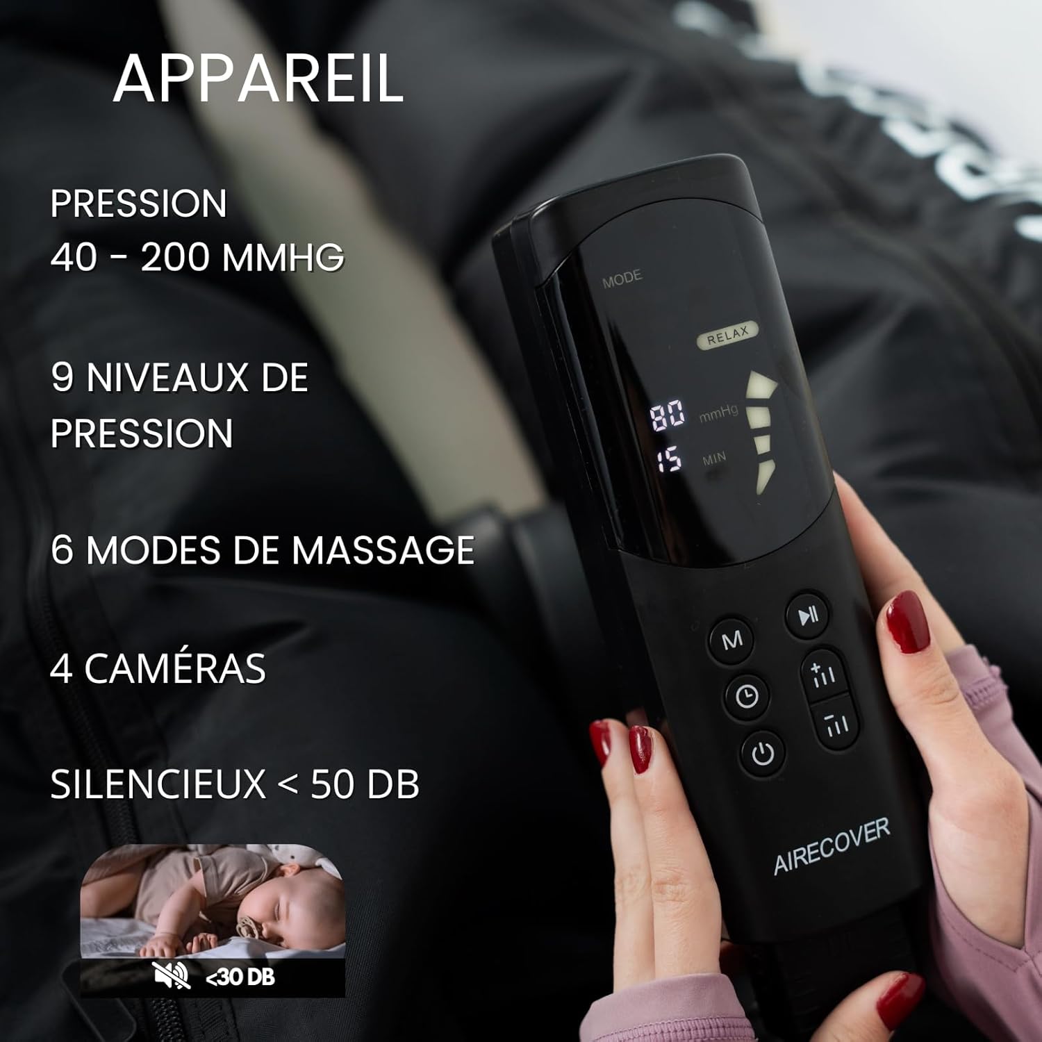 Pressothérapie Jambes – Bottes de Compression d’Air avec 4 Chambres à Air, 6 Modes, 9 Niveaux de Pression, 40 à 200 mmHg, Massage Compression pour Jambes Lourdes & Récupération (M : 170–182 cm)