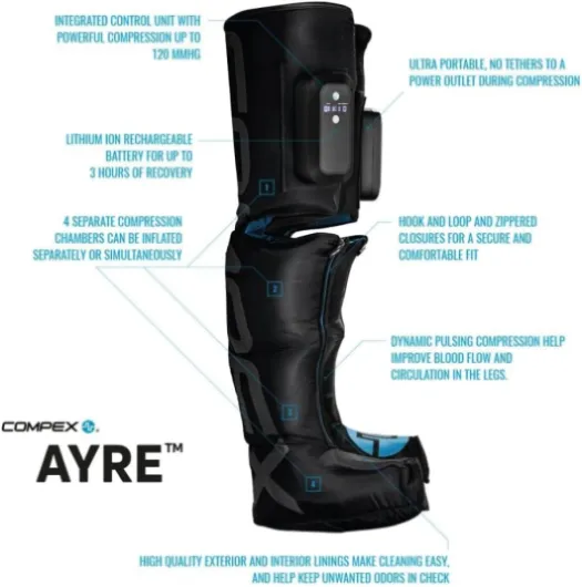 Ayre - Bottes de Pressothérapie sans Fil - 4 Chambres de Compression pour le Massage des Jambes, Pieds et Activation de la Circulation Sanguine - S-M