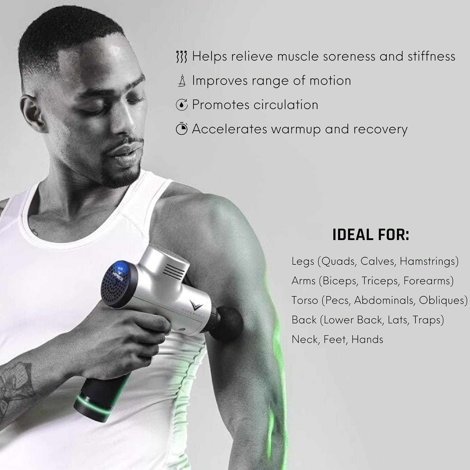 Hypervolt Appareil de massage avec glide calme, pour la percussion des mains, 3 niveaux de vitesse, 5 têtes interchangeables