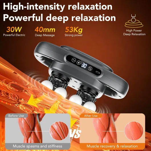 Pistolet de Massage à 16 têtes Portable, 3 Modes et 30 Vitesses, 2000mhA Massage Gun, 35dB Silencieux Masseur Musculaire, Appareil de Massage pour Cervicales Pieds dos Jambe, Détendre les Muscles Gris Foncé