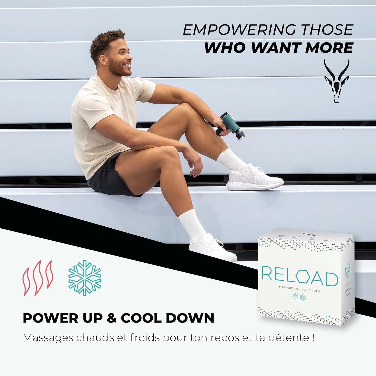 Antelope by Beurer RELOAD Massage Gun avec fonction chaleur & froid, appareil de massage musculaire pour points trigger, 5 têtes de massage, 5 niveaux d'intensité jusqu'à 3000 tr/min, sans fil Édition avec fonction chaleur & froid