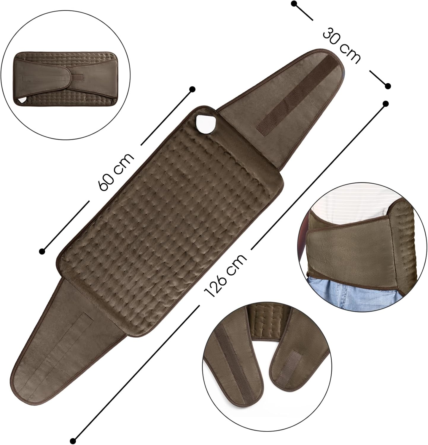 Coussin Chauffant Electrique OneAmg 126x30cm Ceinture Chauffante Lombaire 6 Niveaux de Température et Arrêt Automatique Lavable Ceinture Chauffante avec Velcro Pour Dos Cervicales Abdomen Couleur café