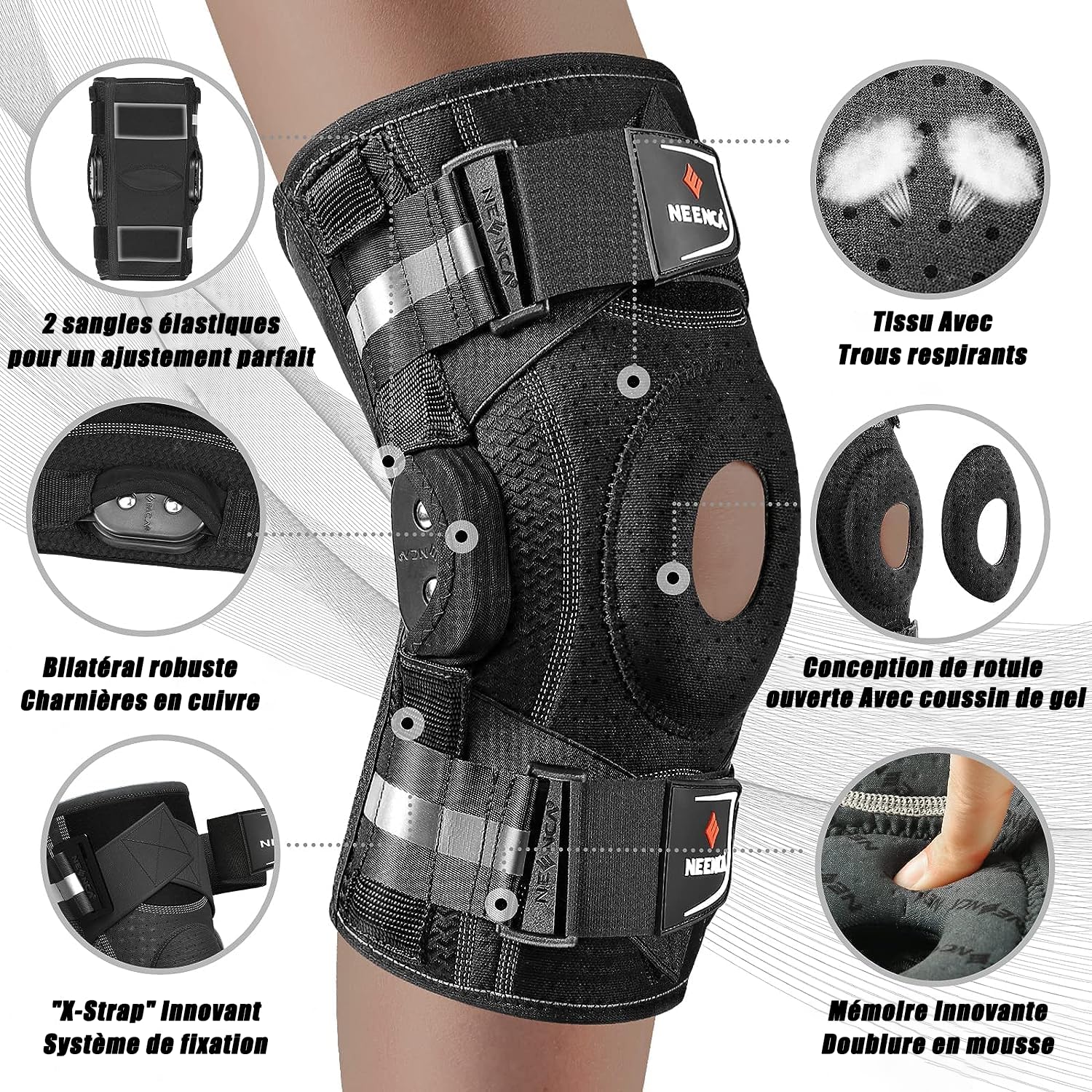 Genouillère pour douleurs au genou, genouillère articulée réglable avec système de fixation breveté X-Strap, forte stabilité pour soulager la douleur Jonit, l'arthrite, la déchirure du ménisque L Black