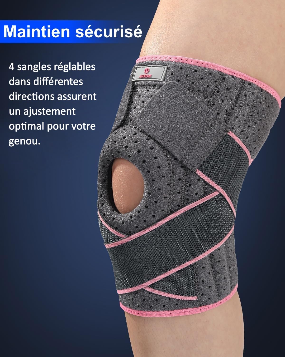 ABYON Genouillère Ligamentaire Genou, Attelle Genou Réglable avec Stabilisateurs Latéraux et Coussinet en Gel Ouvert pour Homme et Femme Ligamentaire, Déchirure du Ménisque, Haltérophilie et Course Gris-rose L/XL