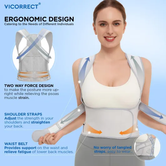Vicorrect Correcteur de Posture pour Femmes et Hommes : Ceinture de Soutien Dorsal pour Soulager les Douleurs du Haut du Dos et des Épaules (Gris, S) Gris S