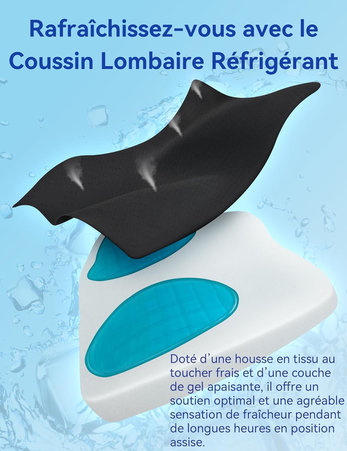 Coussin de Soutien Lombaire Ergonomique, Support Dorsal en Gel Mousse à Mémoire pour Voiture Chaise de Bureau, Dossier avec Revêtement Antistatique et Double Sangles Réglables, Noir Gel Noir