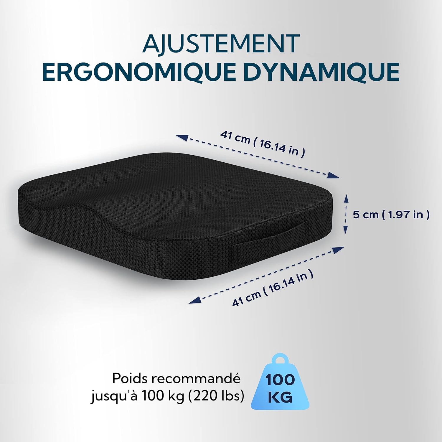 Coussin Chaise Bureau et Voiture - Coussin Ergonomique et Orthopédique en Mousse à Mémoire de Forme - Dureté Moyenne (Densité 45 kg/m³) - Noir 41cm x 41cm x 5cm tissu