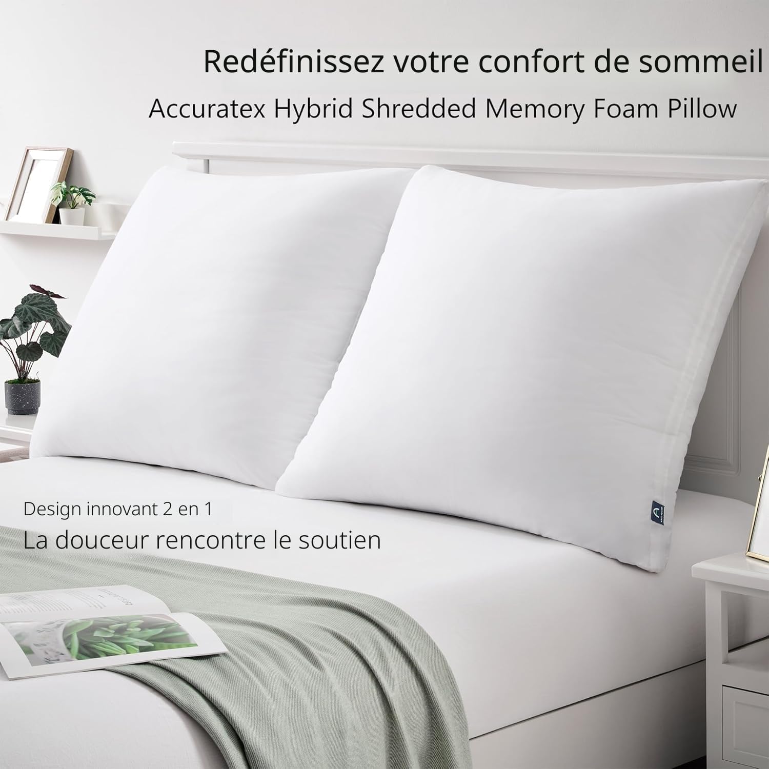 Lot de 2 Oreillers Hybrides en Mousse à Mémoire de Forme 65 x 65 cm avec Housse en Coton Amovible et Rembourrage en Microfibre (Réglable en Hauteur), Coussin de Nuque Ergonomique pour Dormir Blanc 65×65 cm