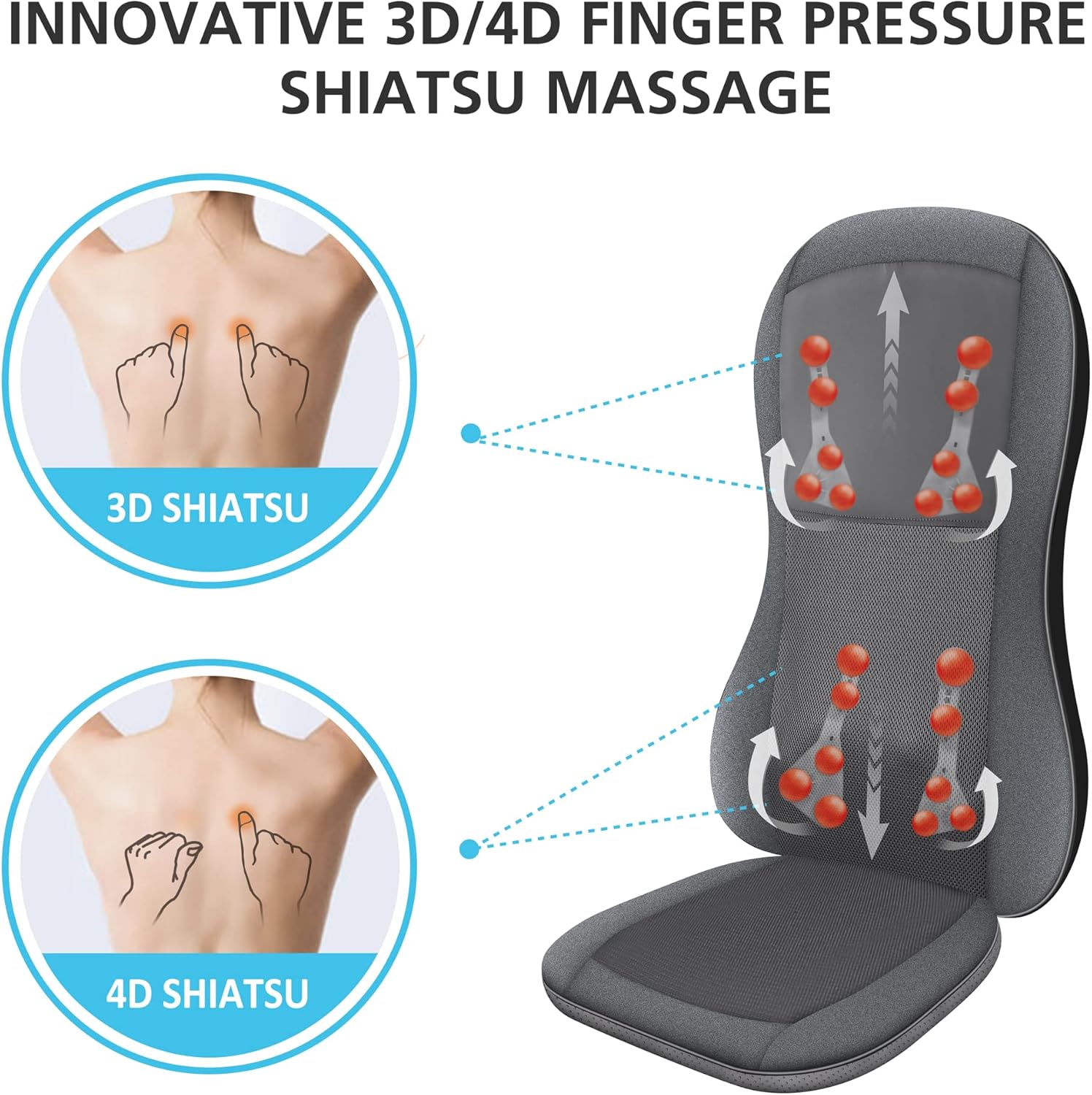 Siège de Massage Shiatsu avec Chaleur - Masseur de Dos Complet par 2D/3D avec 10 nœuds de Massage, Coussin de Chaise de Massage à pétrissage pour Le Dos 77*16*47 Noir Ou Gris