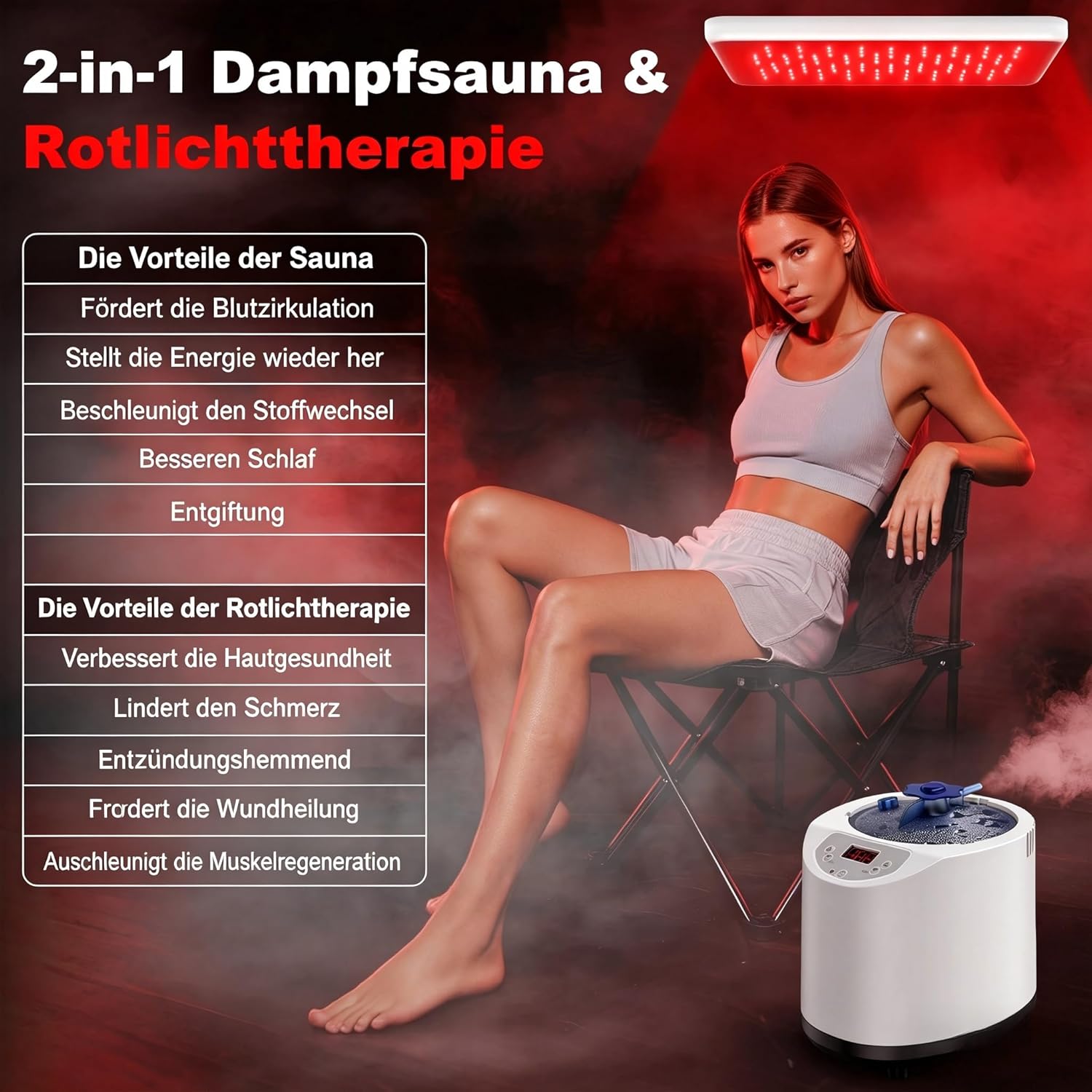 I-THERA-U Sauna infrarouge pour la maison - Sauna à vapeur portable 660 et 850 nm - Tente à vapeur pour tout le corps avec générateur de vapeur 3 l 1200 W - 15 niveaux de chaleur - Chaise