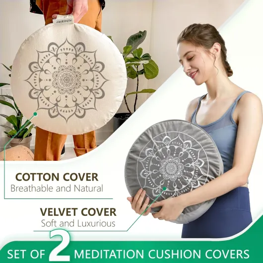 Hihealer Coussin de Méditation avec Housse en Velours - Grand Zafu Tibétain pour Yoga et Méditation, Rempli de Cosses de Sarrasin, Cadeau Relaxation pour Femme Calmly Grey & White
