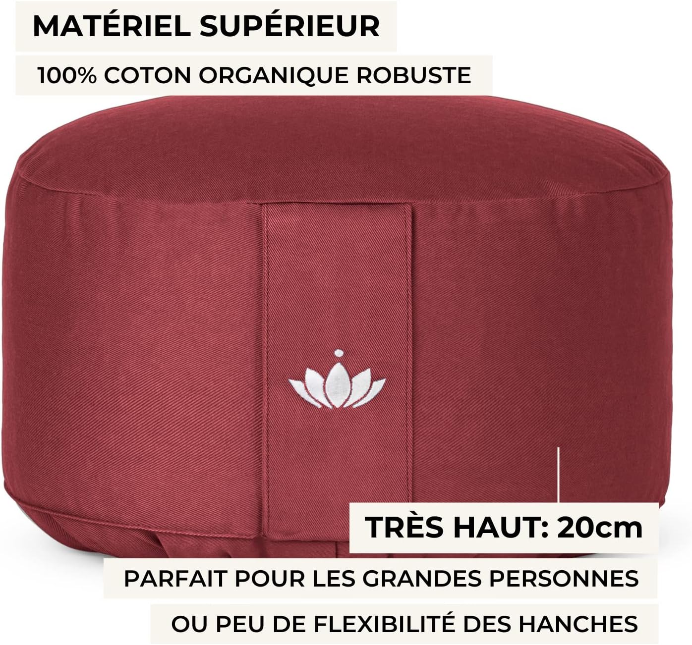 Coussin de méditation, hauteur d'assise 20 cm, modèle Lotus rond, coussin de yoga, yoga bolster, housse en coton lavable, rembourrage d'épeautre, Certifié GOTS Bordeaux