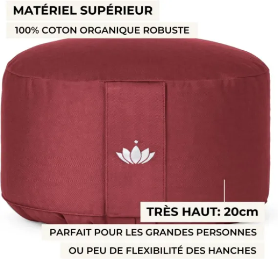 Coussin de méditation, hauteur d'assise 20 cm, modèle Lotus rond, coussin de yoga, yoga bolster, housse en coton lavable, rembourrage d'épeautre, Certifié GOTS Bordeaux