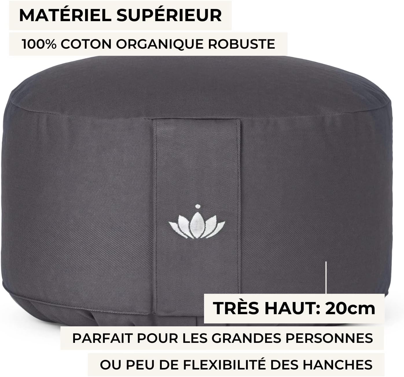 Coussin de méditation, hauteur d'assise 20 cm, modèle Lotus rond, coussin de yoga, yoga bolster, housse en coton lavable, rembourrage d'épeautre, Certifié GOTS Anthracite