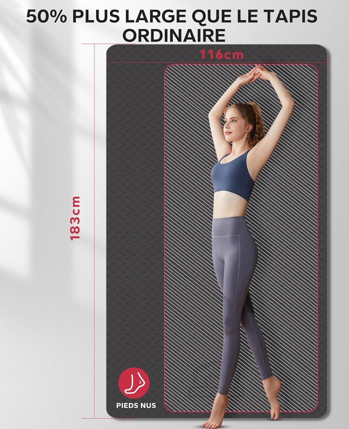 Grand Tapis de Yoga -183x116/183x122/198x137x0.6cm, Antidérapant, Durable, Écologique, Tapis de Sport et Large pour l'Entraînement à Domicile, Yoga, Pilates, Stretching, Méditation 183x122x0.6cm-Noir