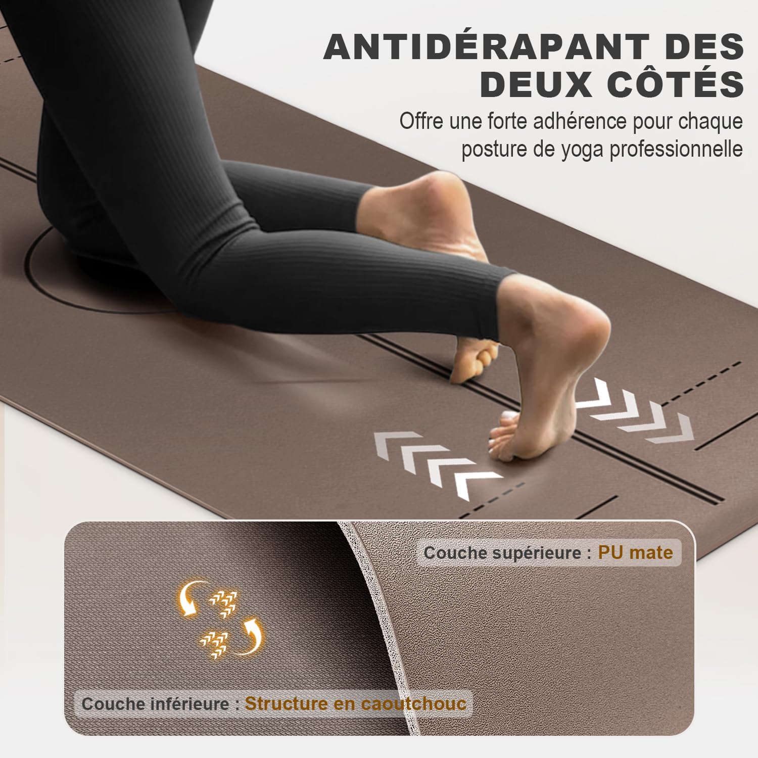 Tapis de Yoga Antidérapant Epais, avec Repères d’Alignement, Caoutchouc Naturel + Eco PU, Doux pour la peau, Adhérence Élevée, avec Sangle, Sac à Dos et Emballage Élégant, pour Yoga Pilates Brun 183 x 61 cm
