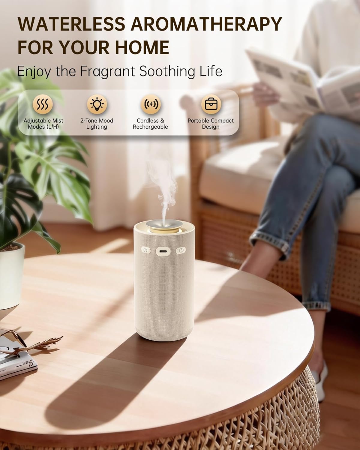 Diffuseur Huile Essentielle sans Eau Rechargeable – Nébulisateur à Froid Pur en Tissu Beige, Parfumeur d'Ambiance Silencieux et sans Fil pour Yoga, Détente et Déco Salon Blanc Cassé