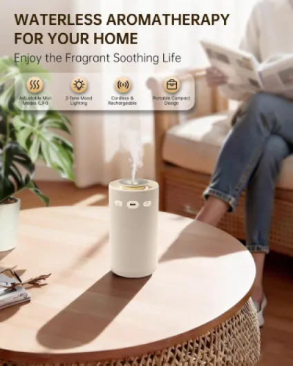 Diffuseur Huile Essentielle sans Eau Rechargeable – Nébulisateur à Froid Pur en Tissu Beige, Parfumeur d'Ambiance Silencieux et sans Fil pour Yoga, Détente et Déco Salon Blanc Cassé