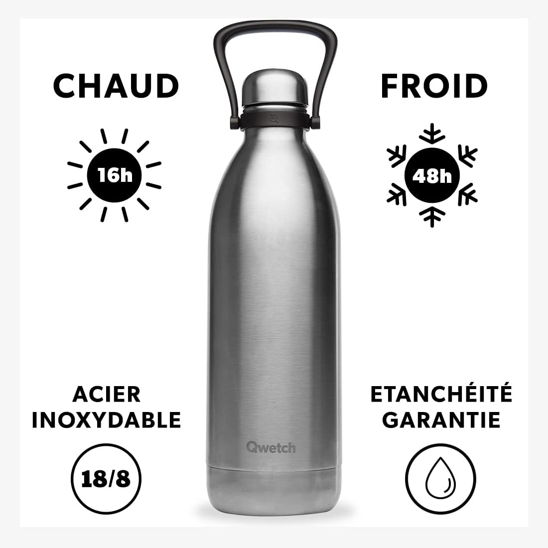 Grande Bouteille Isotherme - Inox Brossé 2L - 48h Froid et 16h Chaud - Etanche & Sans BPA - Gourde Inox avec Poignée de Portage - Thermos isotherme pour Pique-nique, Camping, Famille 2000 ml Inox Brossé