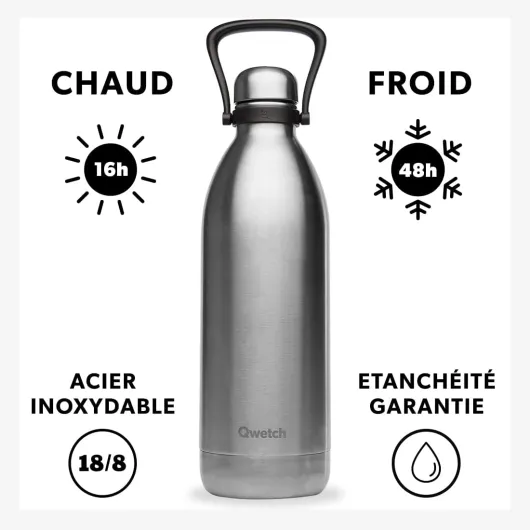 Grande Bouteille Isotherme - Inox Brossé 2L - 48h Froid et 16h Chaud - Etanche & Sans BPA - Gourde Inox avec Poignée de Portage - Thermos isotherme pour Pique-nique, Camping, Famille 2000 ml Inox Brossé