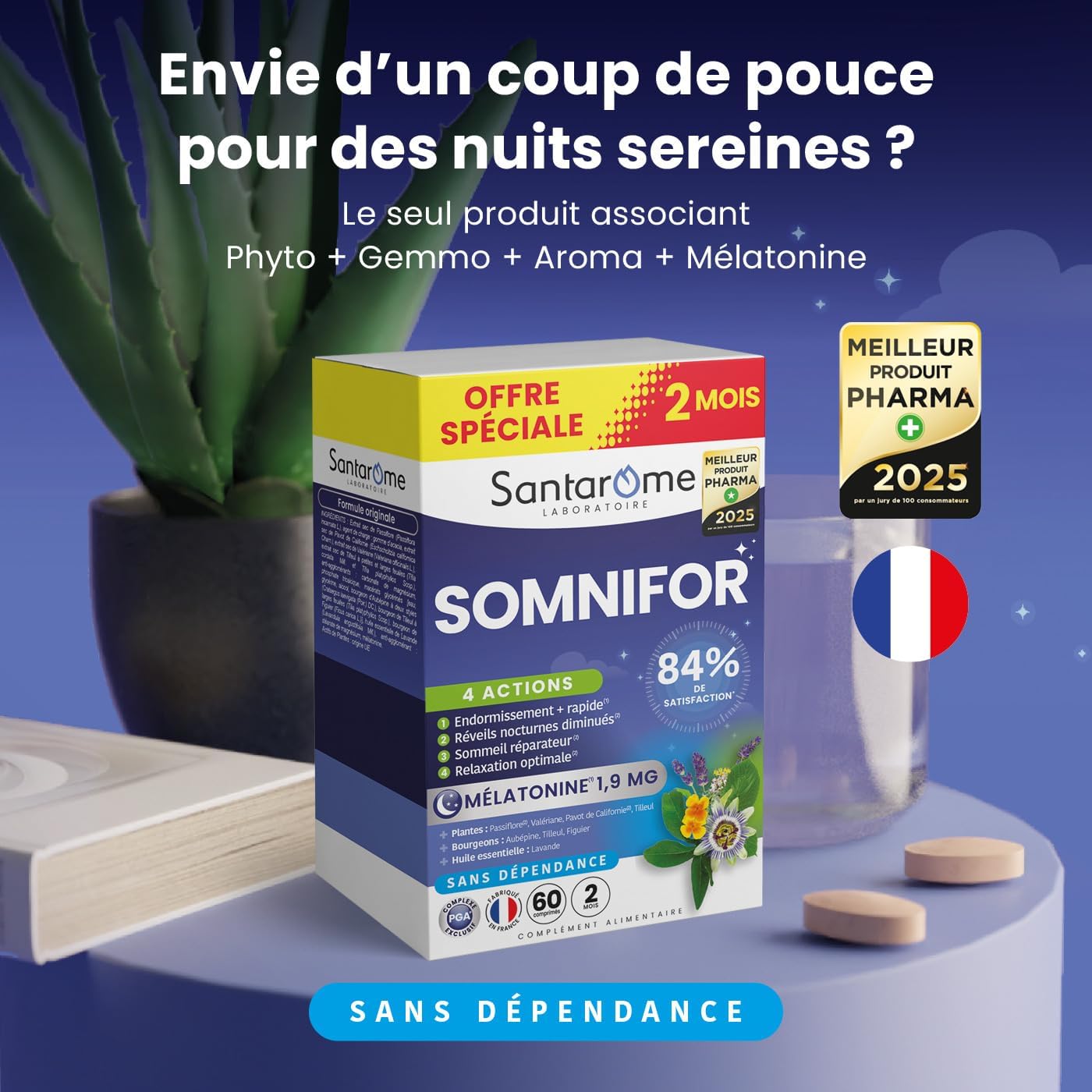 Santarome - Somnifor 4 actions - Complément alimentaire - Mélatonine 1,9 mg, Plantes - Sommeil réparateur - Format 2 mois - Made In France