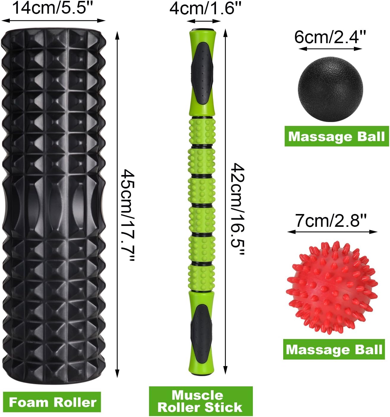 Foam Roller, Rouleau de Massage 5 en 1, Rouleau en Mousse avec Trigger Points + bâton de Rouleau Musculaire + balles de Massage + Sac de Transport pour Crossfit, Pilates