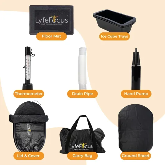 LyfeFocus Cold Therapy Pod – Baignoire glacée de récupération de qualité supérieure avec thermomètre, tapis de pied, couvercle de protection, tapis de sol, blocs de glace réutilisables et accessoires Noir et Noir - Large (100CM)
