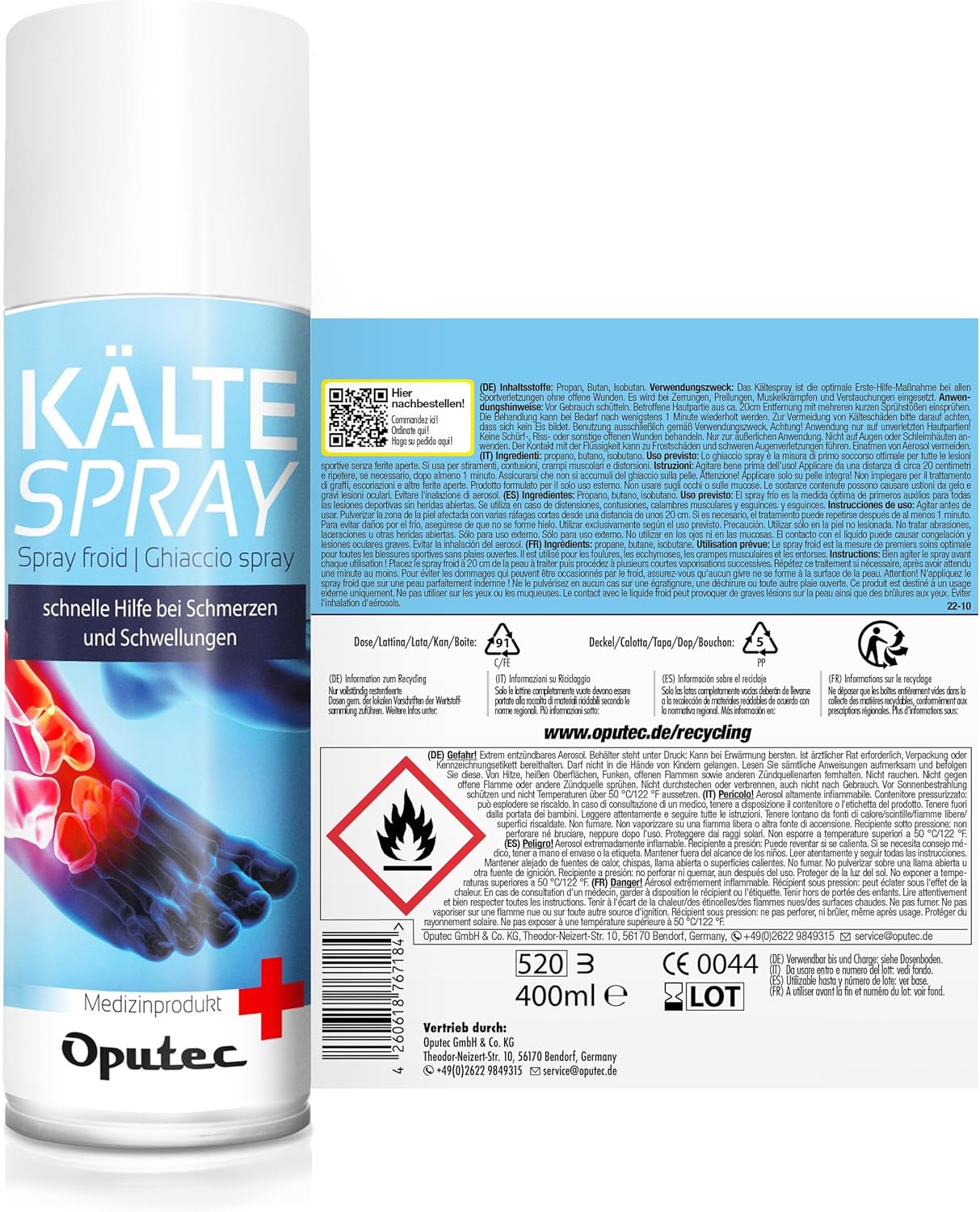6 x 400ml Oputec Spray froid Sport : Spray de premiers secours en cas de blessures sportives, de douleurs et d'enflures (classique) - Spray réfrigérant médical pour chaque kit de premiers secours