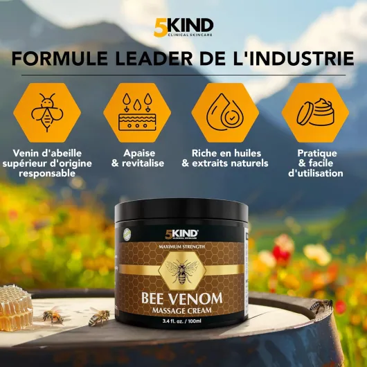 5Kind Creme Venin d'Abeille Maximum Strength 100ml - Bee Venom Cream - Massage Naturel des Articulations & Muscles, Bas du Dos, Genoux, Cou, Hanches & Pieds - Provenance Responsable