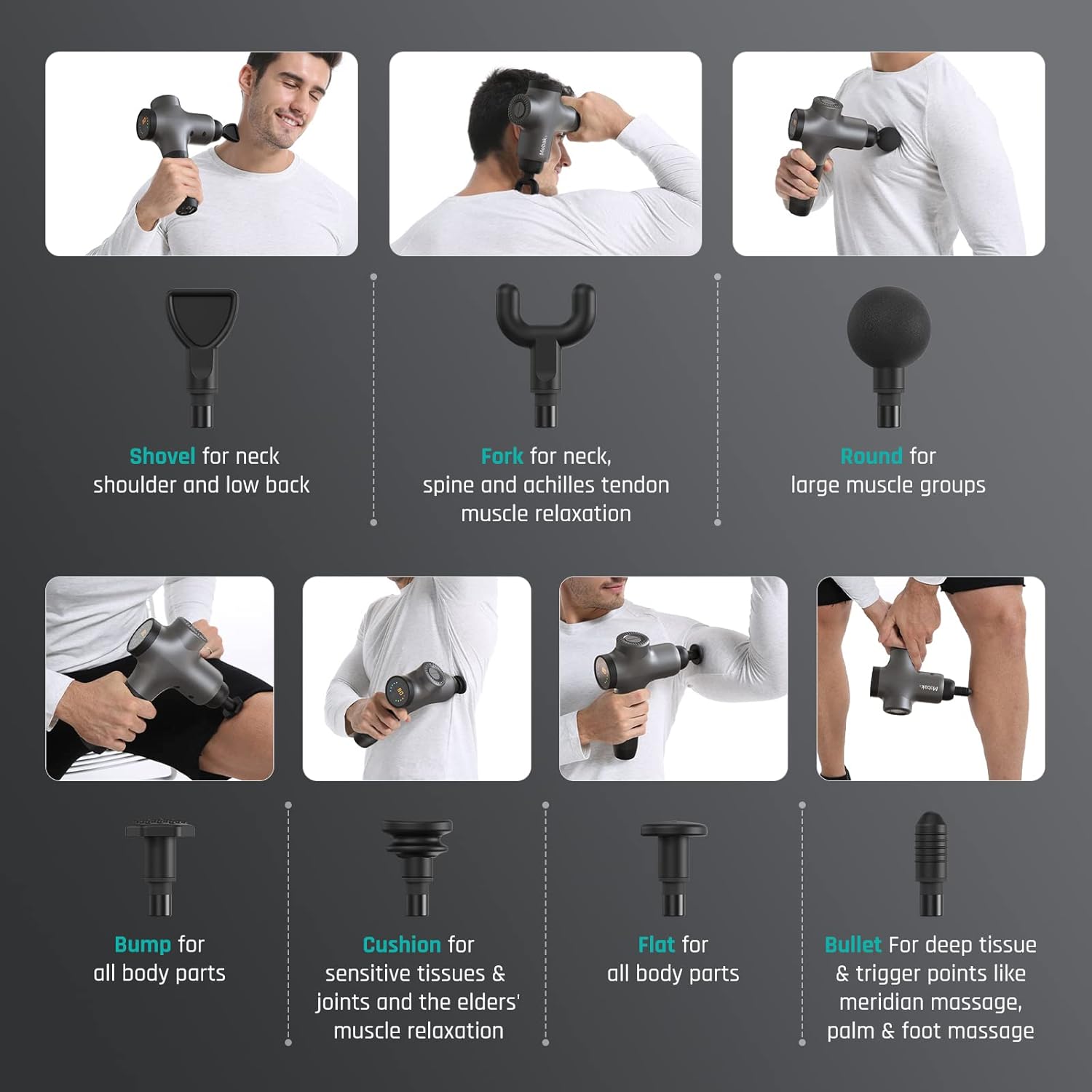 3 Pistolet de Massage Musculaire Masseur des Tissus Profonds Électrique Soulagement des la Douleur Ultra Silencieux avec Fonction de Minuterie 7 tête 5 vitesses 12mm Amplitude Massage Gun Gris