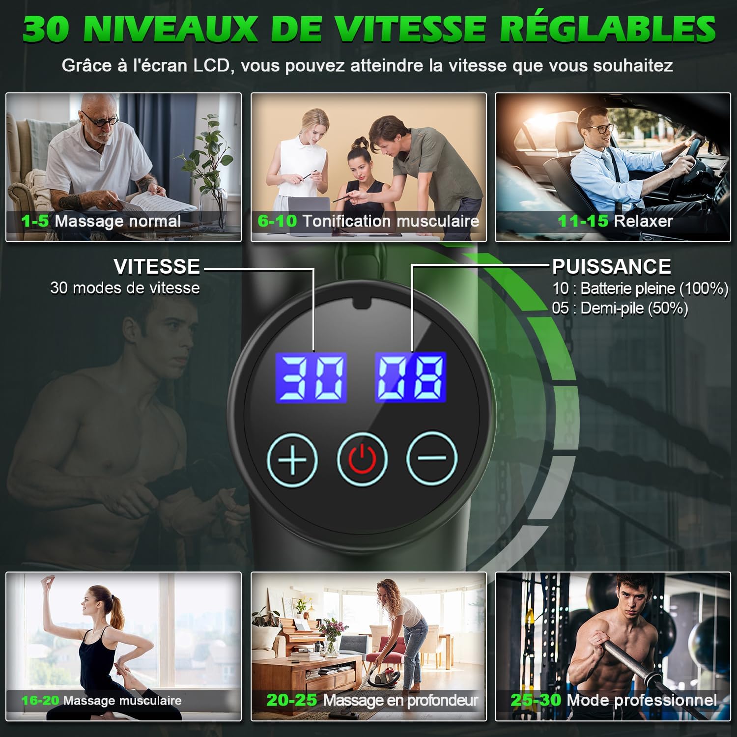 Pistolet de Massage Musculaire ALDOM Appareil de Masseur de Muscle Profond Avec 30 Niveaux Réglables 8 Têtes de Massage et l'Écran LCD Soulager Douleurs et Raideurs Noir