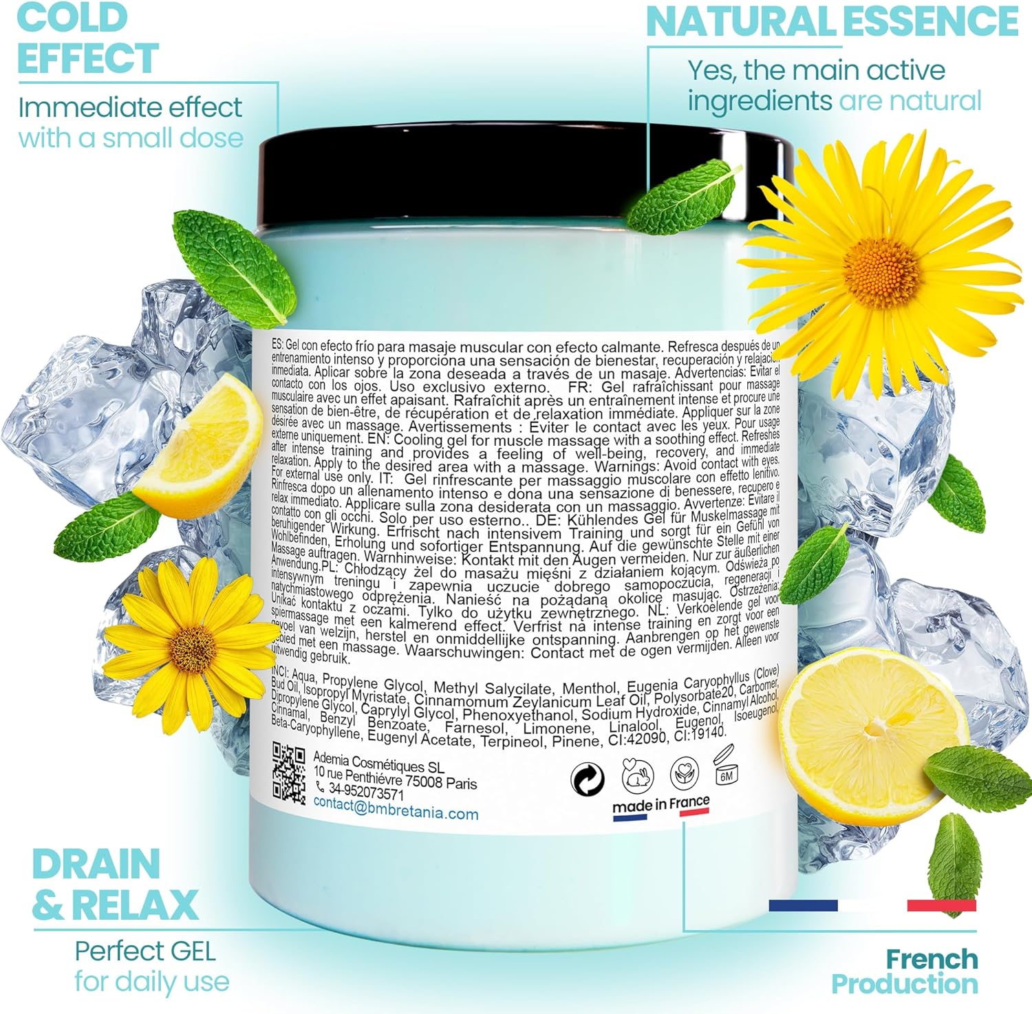 Lotion Froid Intense - Musculaire, Jambes Fatiguées, Gel de Massage Sportif, Récupération Post-Exercice, Massage Relaxant - 500 ml