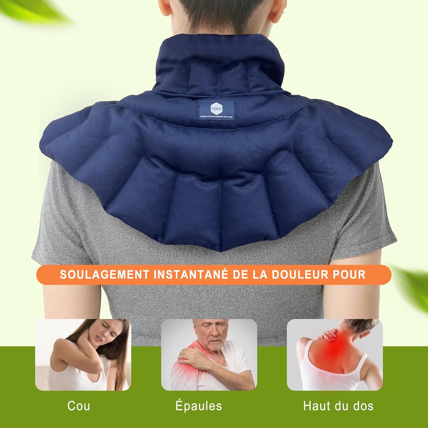 Coussin Chauffant Micro-onde pour le Cervical - 47×28CM - Bouillotte Micro-Onde Noyau de Cerise Graine de Lin - Tissu de coton ignifugé et Odeur de Citronnelle, Camomille, Menthe Bleu Foncé