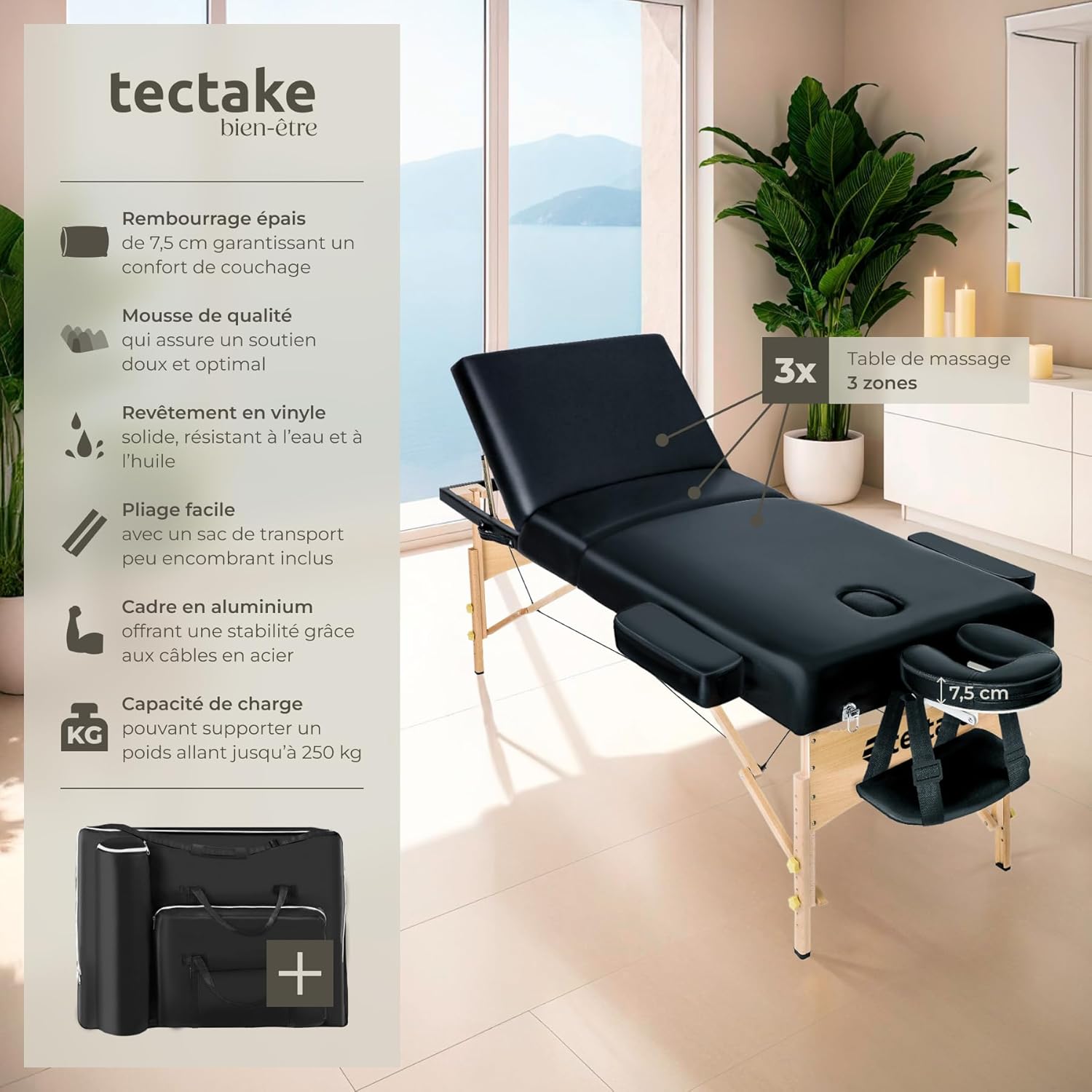 Table de Massage Pliante, Rembourrage 7,5 cm, Table esthetique avec Repose Bras et Appui tête Ergonomique, Housse de Transport Incluse - Noir Sans rouleau de positionnement Noir