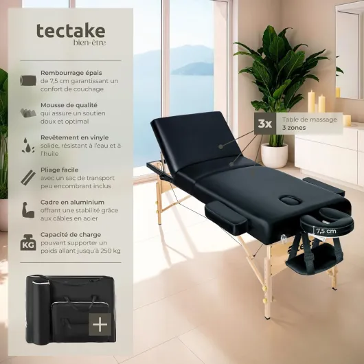 Table de Massage Pliante, Rembourrage 7,5 cm, Table esthetique avec Repose Bras et Appui tête Ergonomique, Housse de Transport Incluse - Noir Sans rouleau de positionnement Noir