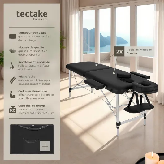 ® Table de Massage Pliante Professionnelle 2 Zones Aluminium Cosmetique Lit de Massage Table Esthetique Tatouage Portable avec Repose Bras, Housse de Transport Incluse Noir