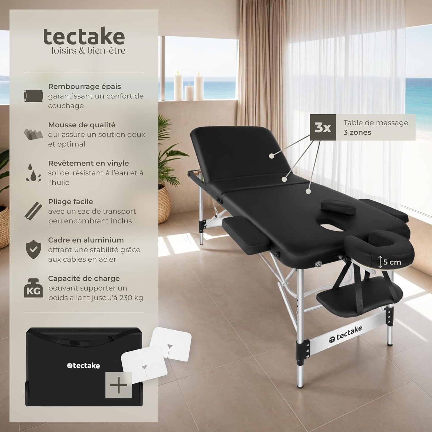 ® Table de Massage Pliante Professionnelle 3 Zones Aluminium Cosmetique Lit de Massage Table Esthetique Tatouage Portable avec Appuie-tête Amovible Repose Bras, Housse de Transport Incluse Largeur 70 cm Noir