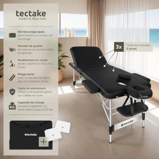® Table de Massage Pliante Professionnelle 3 Zones Aluminium Cosmetique Lit de Massage Table Esthetique Tatouage Portable avec Appuie-tête Amovible Repose Bras, Housse de Transport Incluse Largeur 70 cm Noir