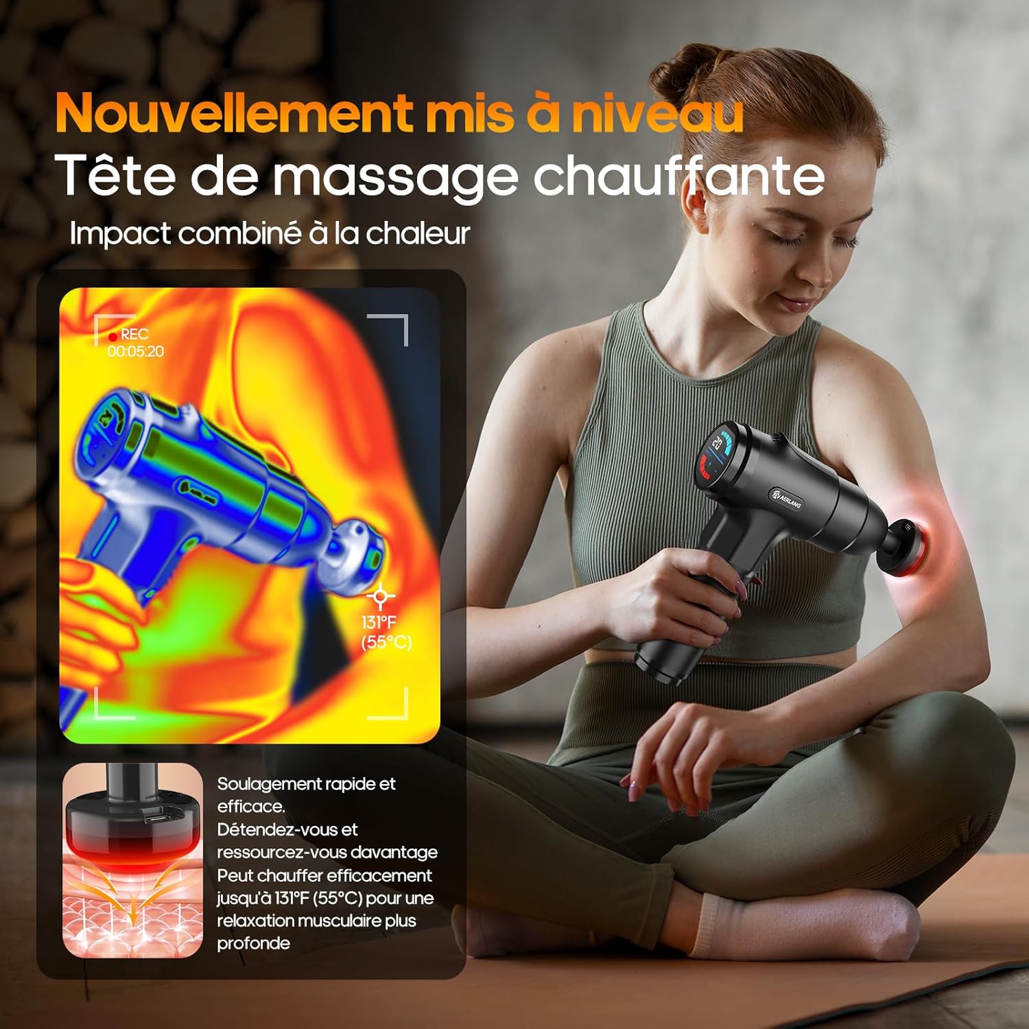 Pistolet de Massage,AERLANG Pistolet de Massage avec Chaleur,Masser les muscles,Silencieux Masseur dos et cervicales avec 20 Niveaux Réglables,Charge de Type-C, Cadeau Anniversaire Femme&Homme Noir