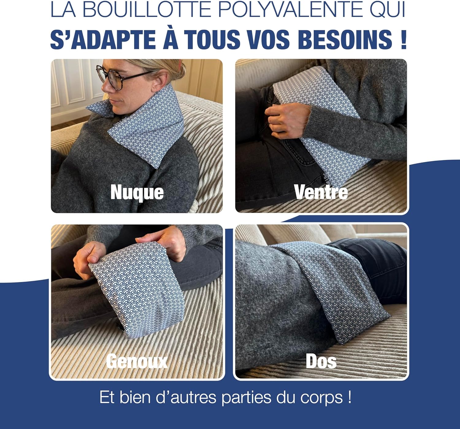 Chill&Rest - Bouillotte longue micro onde déhoussable - Fabriquée en France - Coussin chauffant dos - Graines de lin - Masque migraine - Bouillotte ventre - Collier cervical - Bleu - La Segaiha Bleu - Segaiha