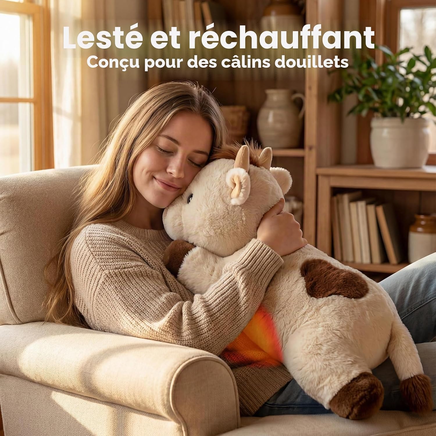 Peluche Lestée Vache avec Coussin Chauffant Micro-Ondes - Peluche Pesant 2,3KG, Réglable, Chauffable et Refroidissable, Cadeau Douillet pour Adultes et Enfants (23 Pouces)