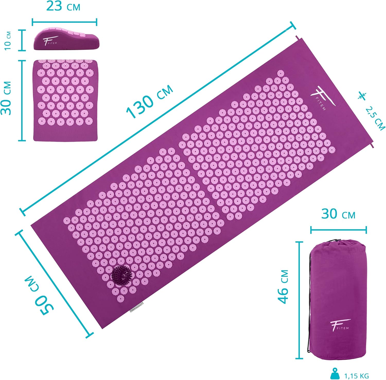 Kit d'acupression XL Fitem - Tapis d'Acupression - Coussin - Boule de Massage - Soulage douleurs Dos et Cou - Sciatique - Massage dos - Relaxation Musculaire - anti stress - (Fushia) Violet