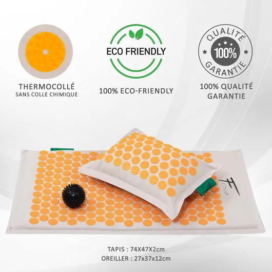Tapis d'Acupression et coussin, garnissage en coco 100% naturel, Massage, soulage mal de dos et cou, sciatique, relaxation musculaire, Massage, Détente et Réduit l'Insomnie Orange